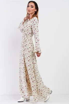 Cream Multi Floral Print Wrap Self-Tie Waist Long Sleeve Flare Hem Maxi Dress /1-2-2-1