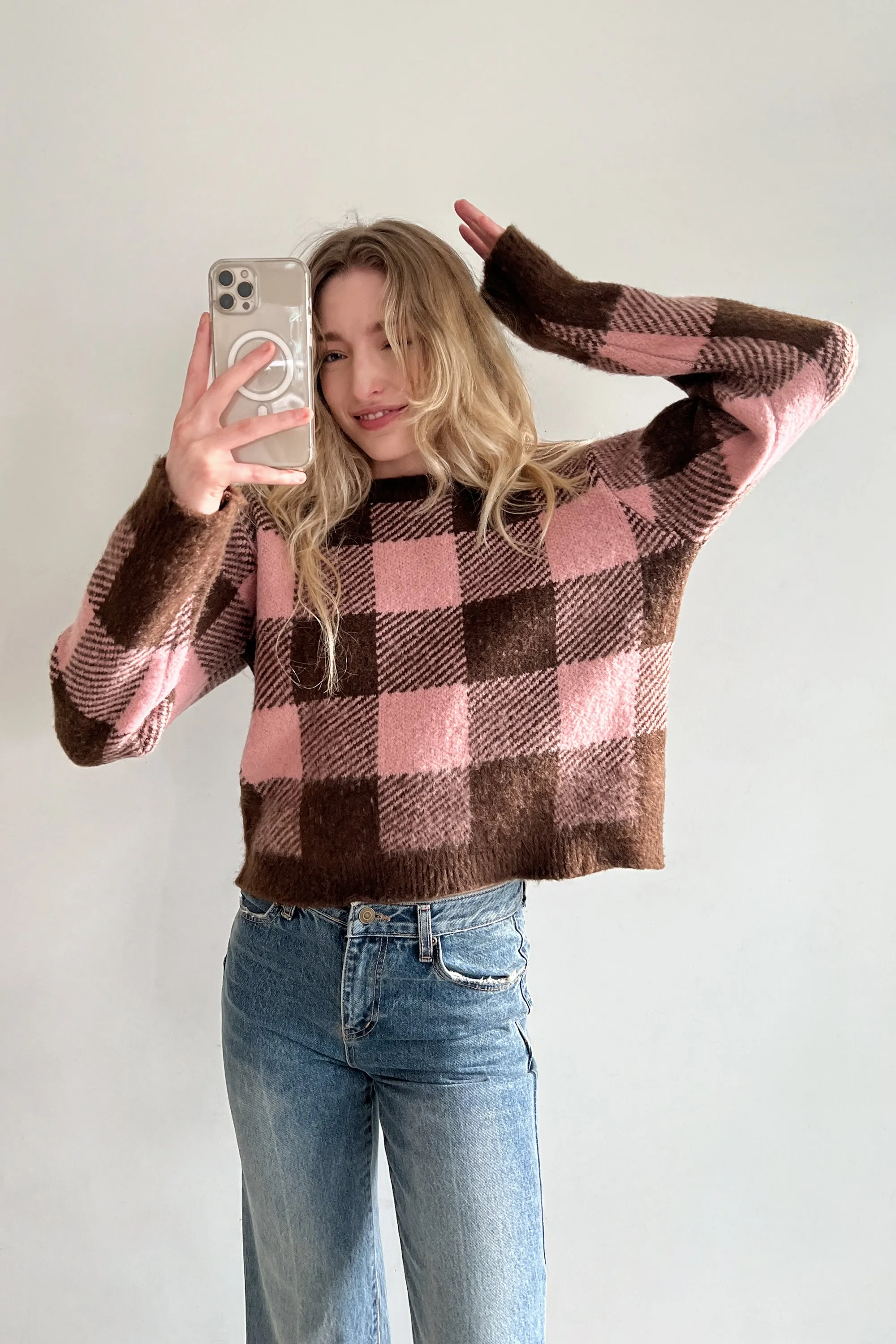 CROPPED CHECK PRINT SWEATER