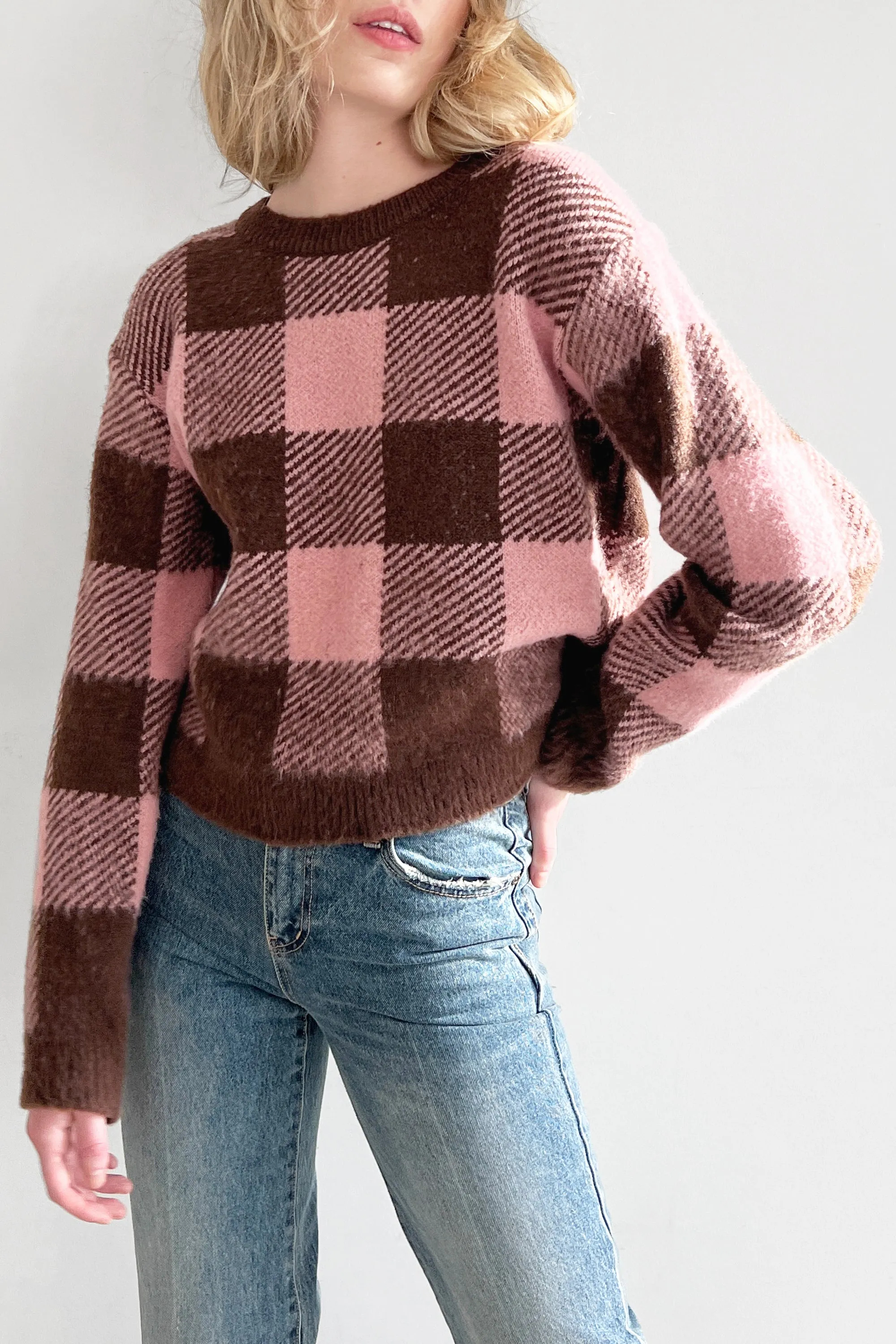 CROPPED CHECK PRINT SWEATER