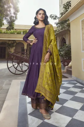 Deep Purple Anarkali Palazzo Suit With Silk Dupatta