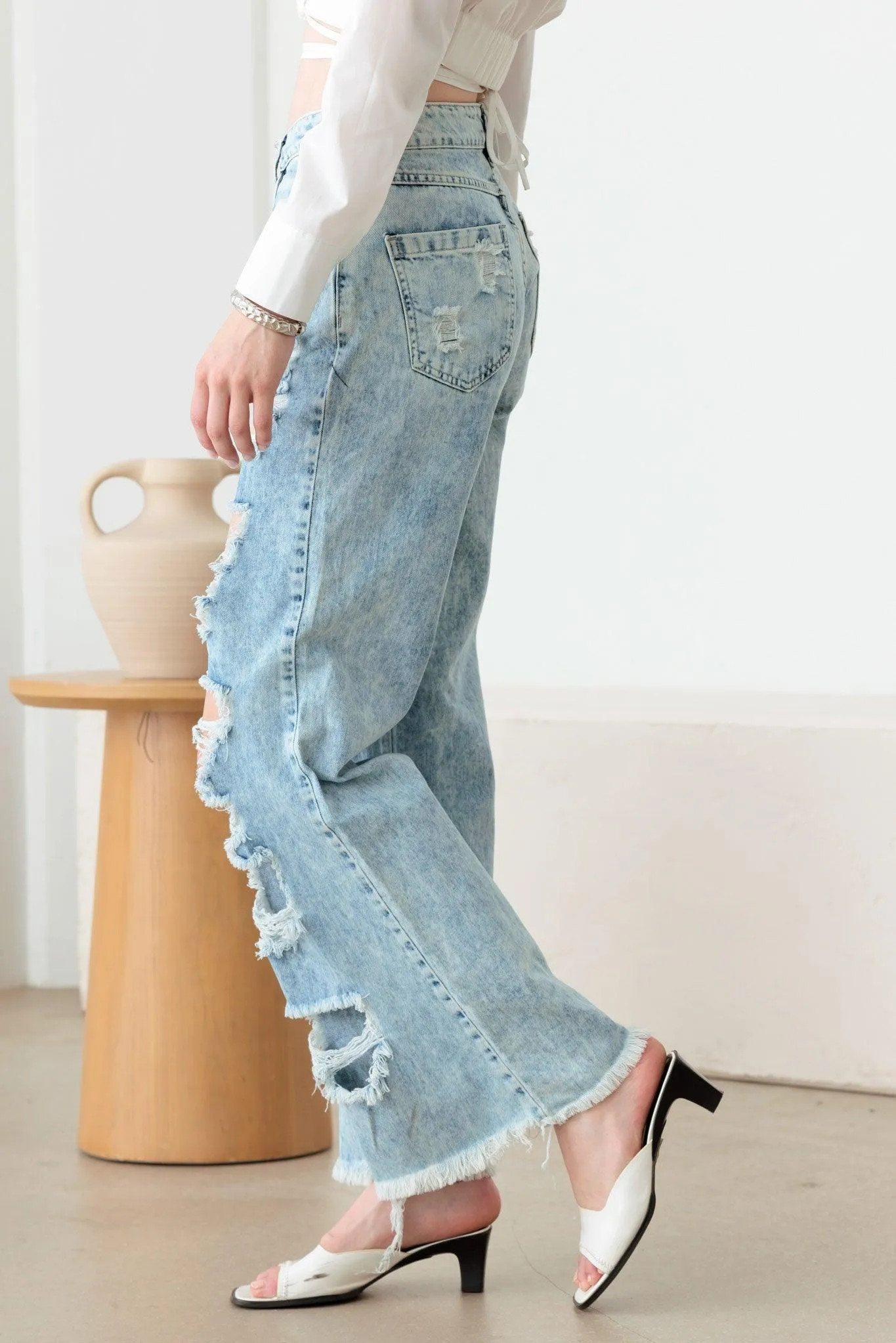 Distressed Flare Frayed Hem Denim Jeans