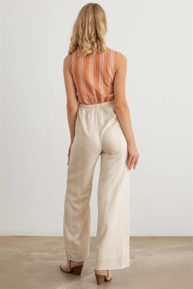 Dusty Coral Striped Wrap Tie Neck Sleeveless Two Pocket Jumpsuit