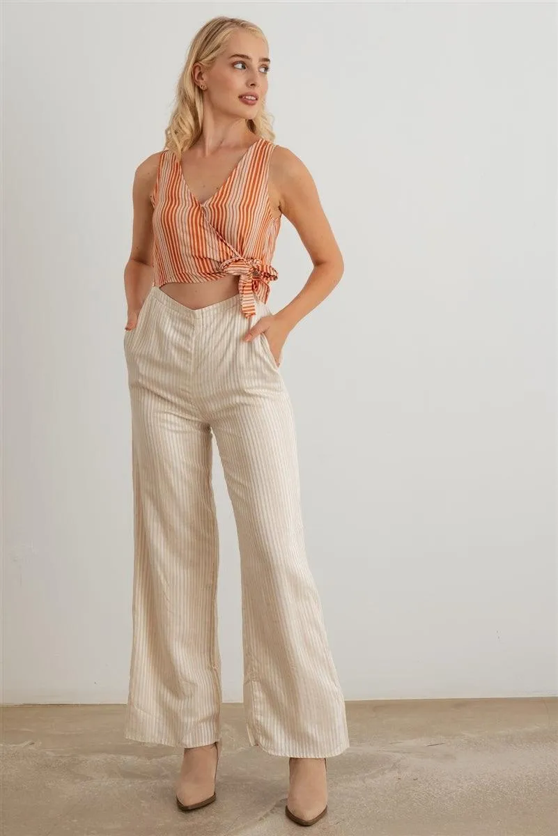 Dusty Coral Striped Wrap Tie Neck Sleeveless Two Pocket Jumpsuit