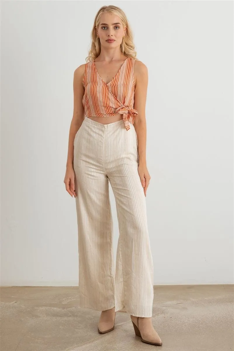 Dusty Coral Striped Wrap Tie Neck Sleeveless Two Pocket Jumpsuit