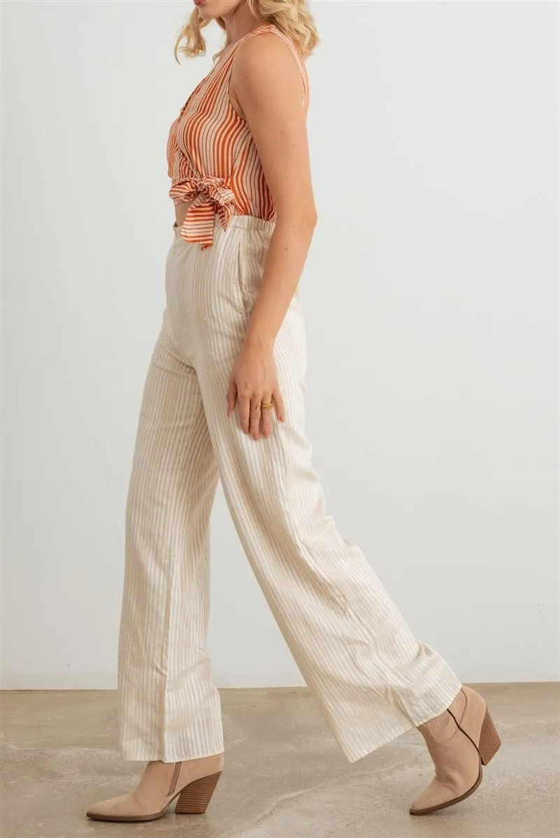 Dusty Coral Striped Wrap Tie Neck Sleeveless Two Pocket Jumpsuit