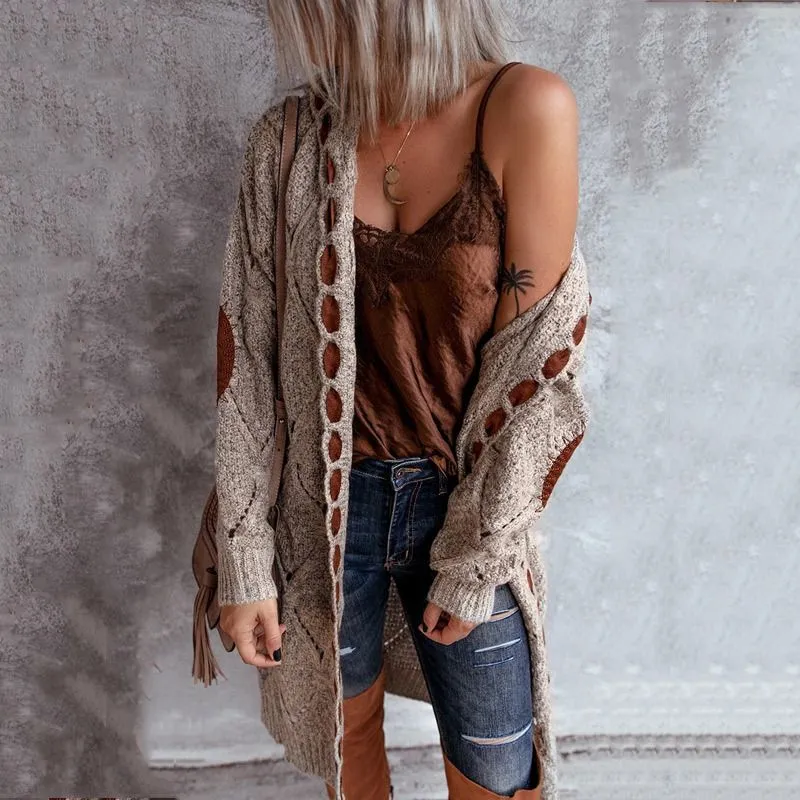 Elegant Hollow Out Braided Long Cardigan Sweater Coat With Hood