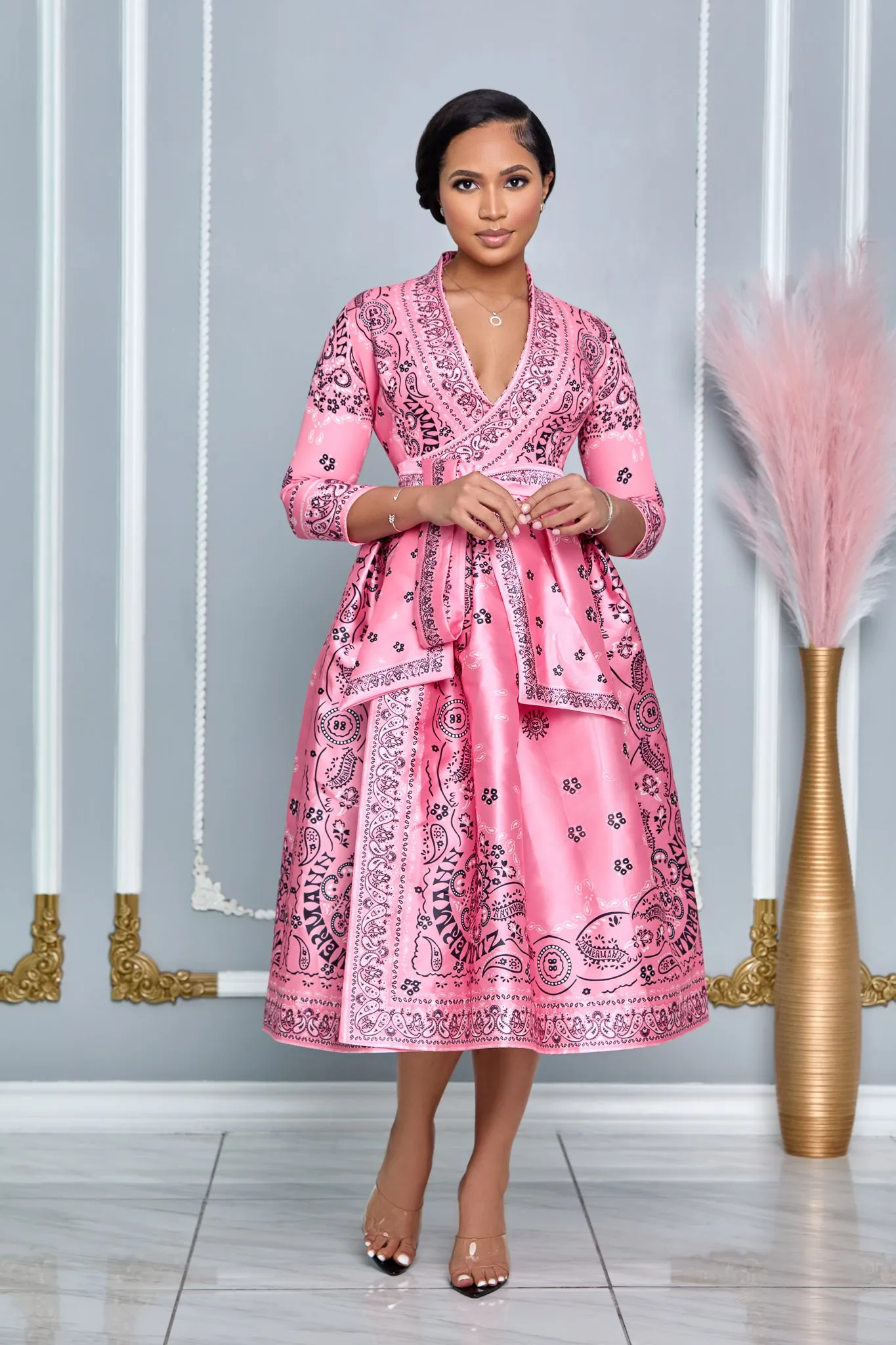 ELEGANT V-NECK 3/4 SLEEVE WRAP AROUND DRESS (PINK MULTI)