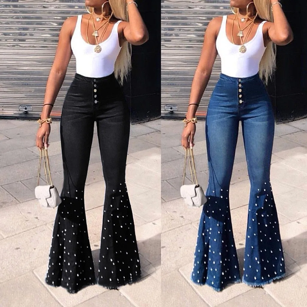 FashionSierra - Women High Waist Flare Jeans Button Tassel Pants