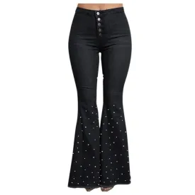 FashionSierra - Women High Waist Flare Jeans Button Tassel Pants