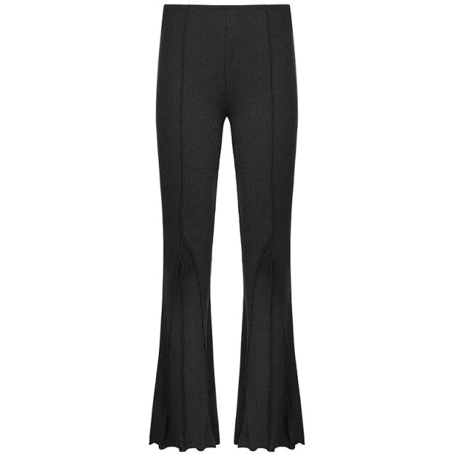 FashionSierra - Women Long Flare Pants Knitted Brown Y2k Solid Sexy Low Waist Contrast Stitch Wide Leg Pant Summer Trousers Lady All-Match