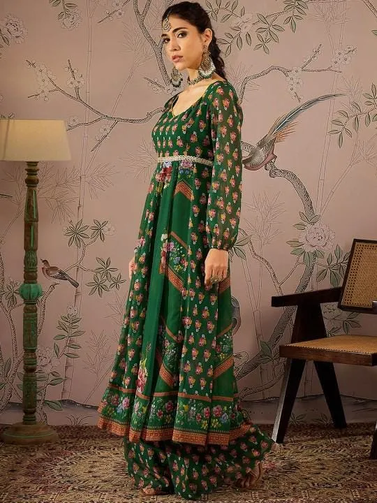 Floral Print Sweetheart Neck Anarkali Kurta With Palazzo Set