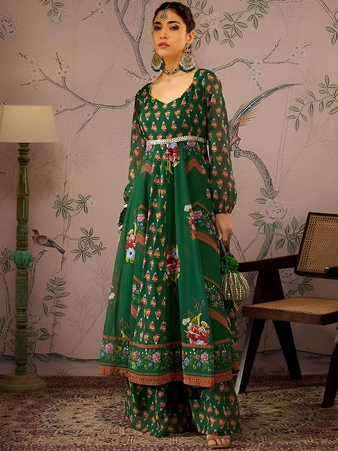 Floral Print Sweetheart Neck Anarkali Kurta With Palazzo Set