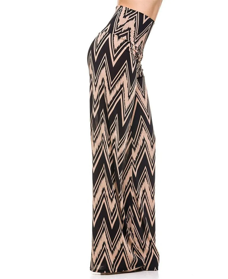 Foldover Palazzo Pants Zig Zag Chevron Black Tan