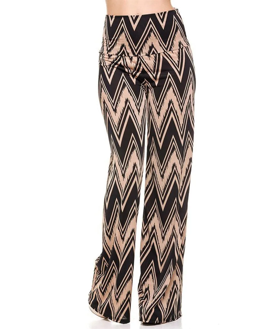 Foldover Palazzo Pants Zig Zag Chevron Black Tan