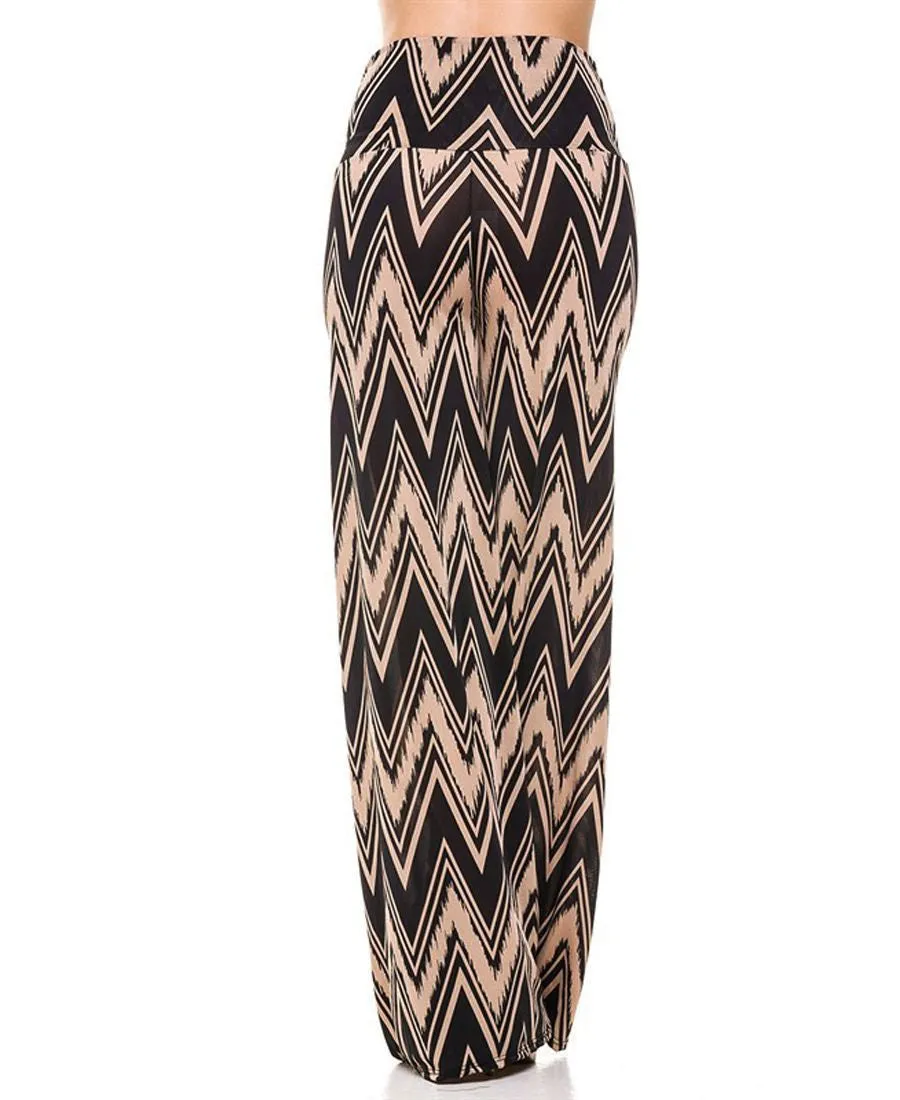 Foldover Palazzo Pants Zig Zag Chevron Black Tan