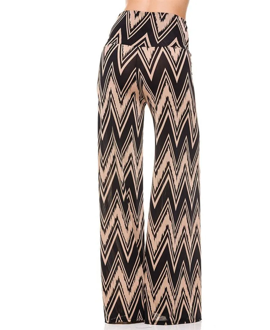 Foldover Palazzo Pants Zig Zag Chevron Black Tan