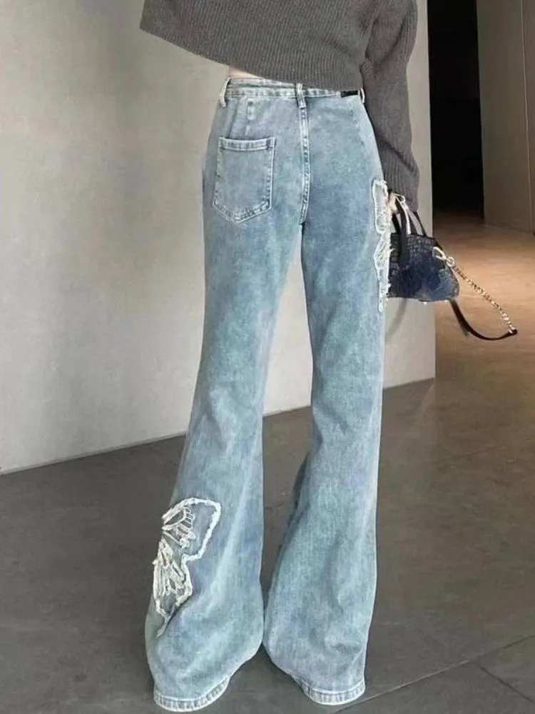 Girlary Summer Blue French Vintage Jeans Women Butterfly Embroidery Korean Fashion Flare Pants Female Harajuku Causal Denim Pants