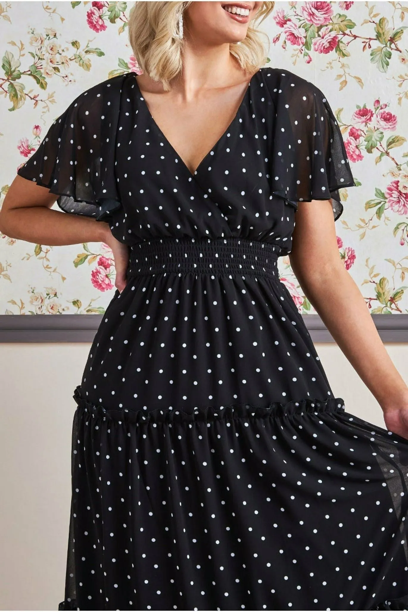 Goddiva Polka Dot Tiered Chiffon Maxi Dress - Black