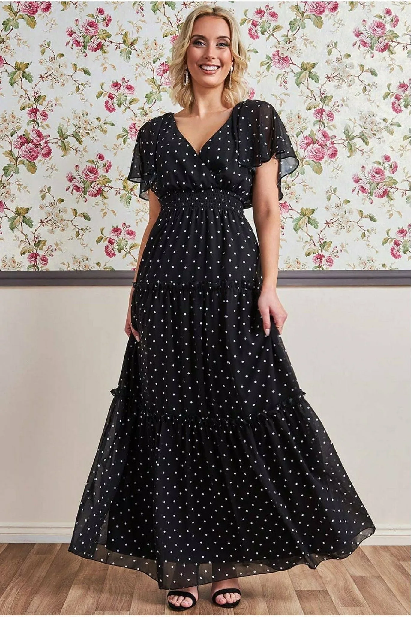 Goddiva Polka Dot Tiered Chiffon Maxi Dress - Black