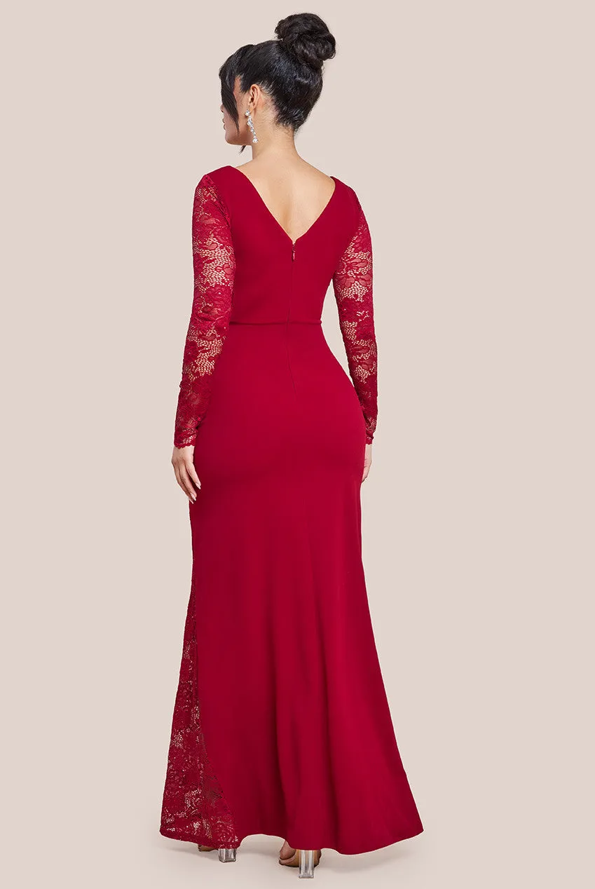 Goddiva Scuba & Lace Wrap Maxi Dress - Wine