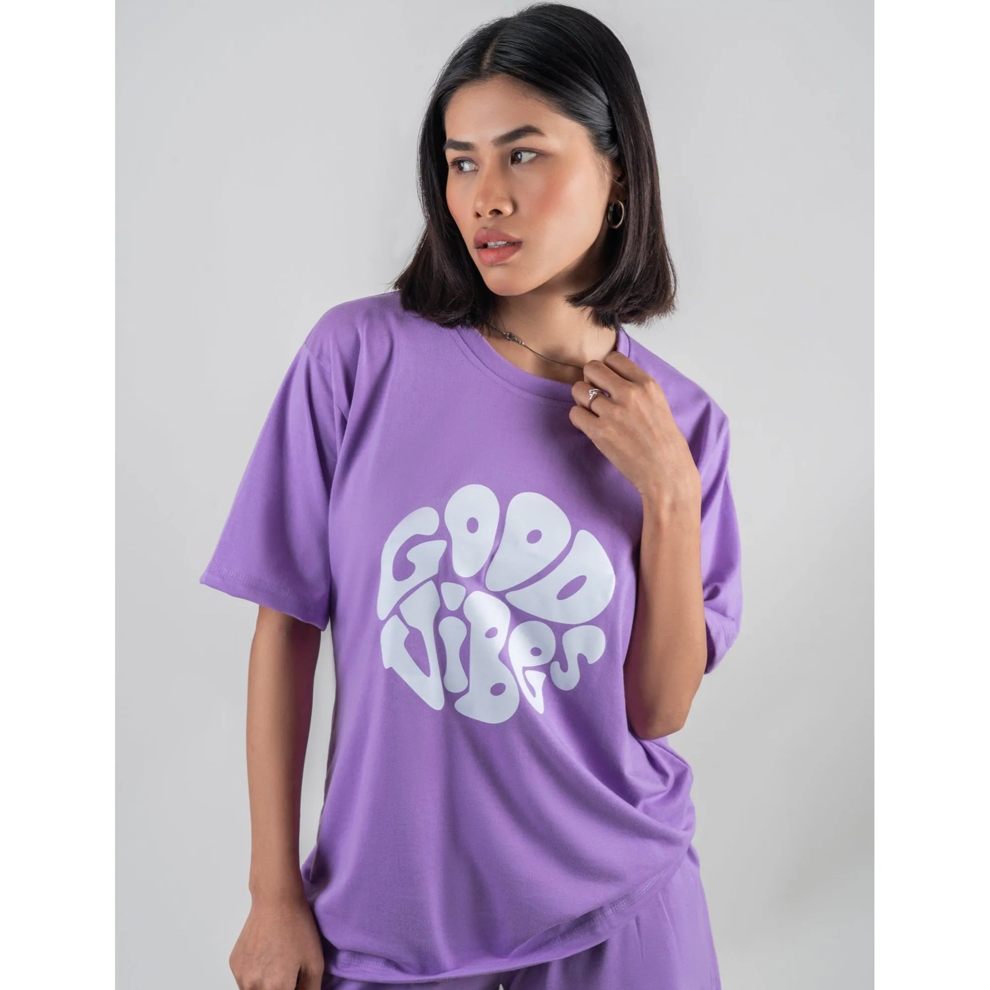 Good Vibes - Oversized Lavender Women Cotton Tshirt