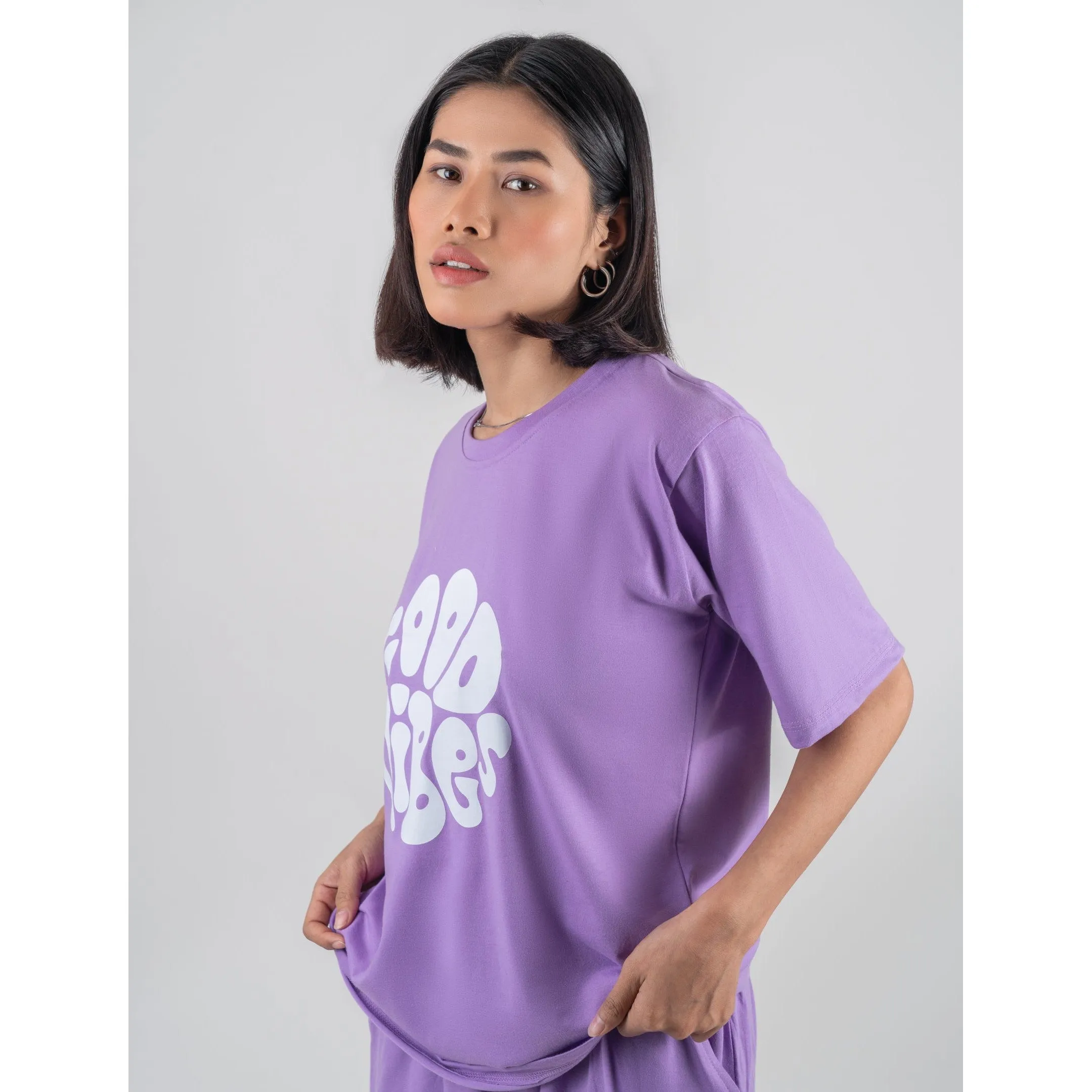 Good Vibes - Oversized Lavender Women Cotton Tshirt