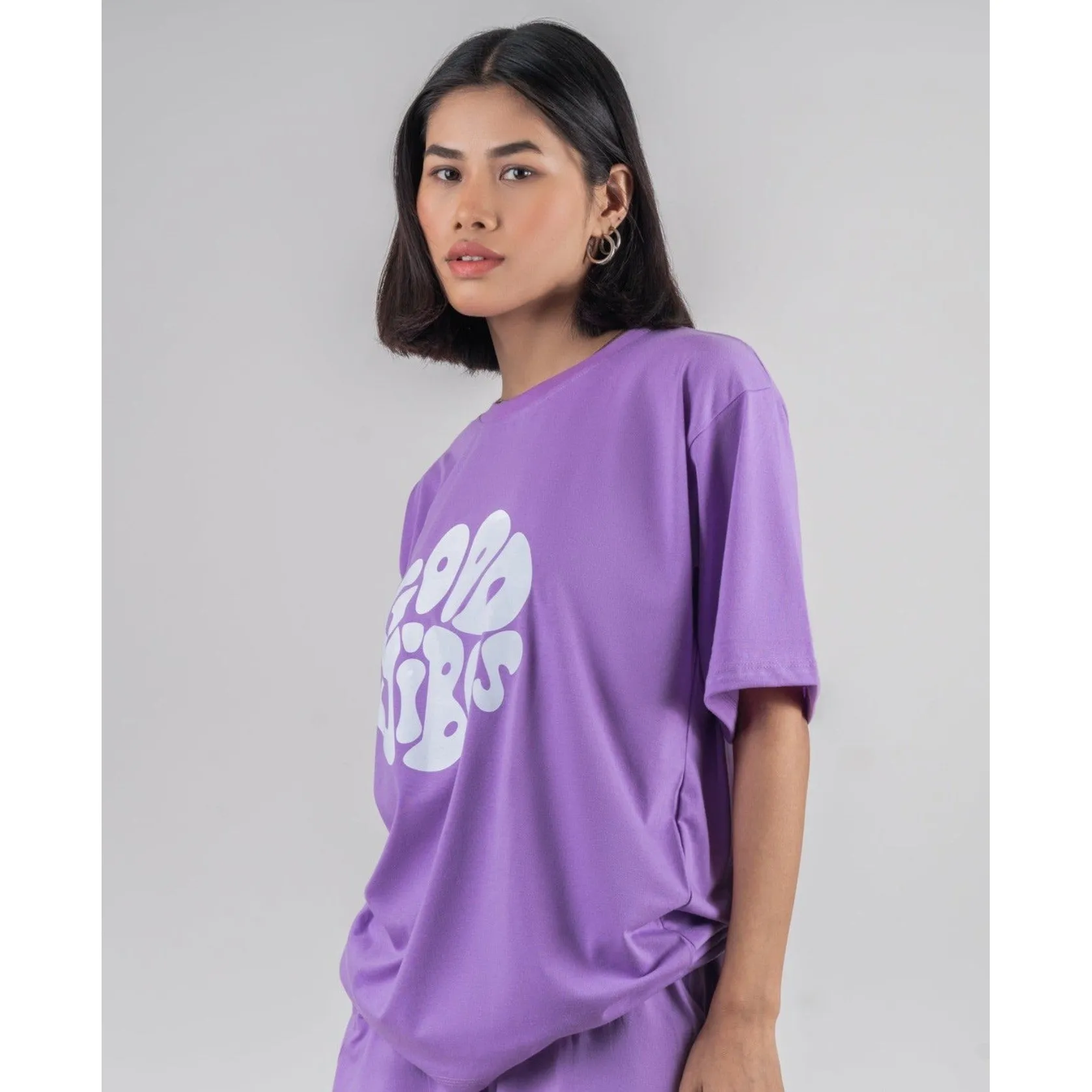 Good Vibes - Oversized Lavender Women Cotton Tshirt