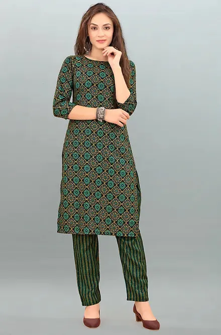 Green Foil Print A-Line Kurta & Pant Set