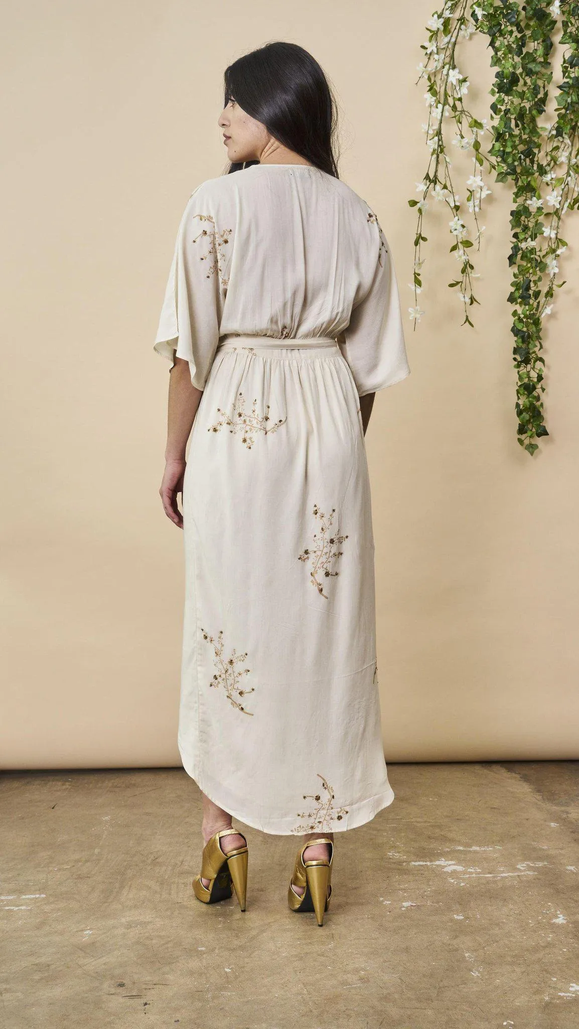 Hand Beaded Cherry Blossom Maxi Wrap in Ivory   Antique Gold