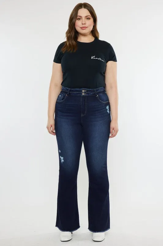 HI Curvy Plus Size Women High Rise Double WB Fray Hem Flare Jeans