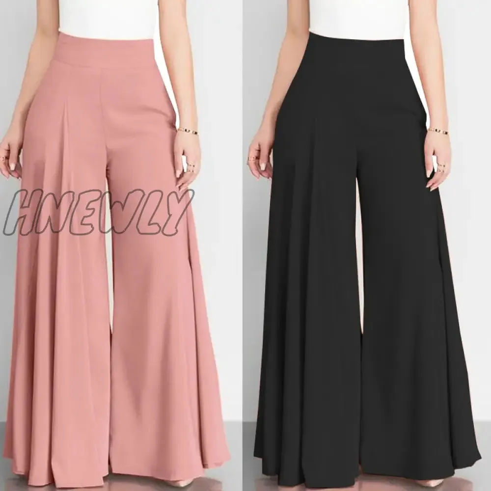 Hnewly Women Elegant High Waist Wide Leg Pants Spring Vintage Flare Trousers Casual Solid Zipper Pantalon Female Palazzo