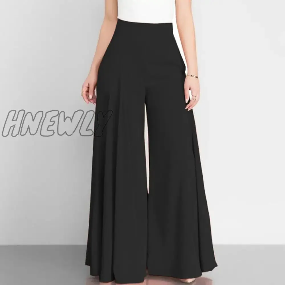 Hnewly Women Elegant High Waist Wide Leg Pants Spring Vintage Flare Trousers Casual Solid Zipper Pantalon Female Palazzo