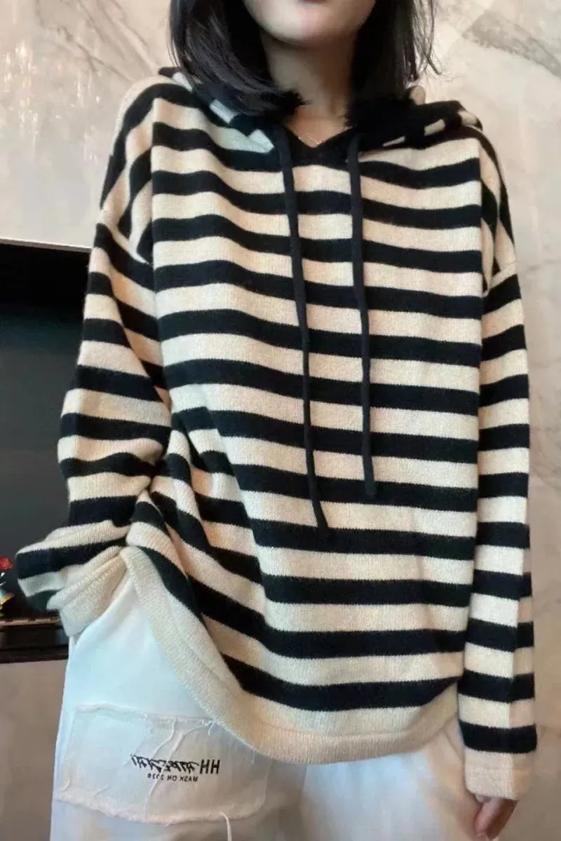 Hnzxzm 100% Pure Cashmere Striped Hoodie Women Fall Winter New Loose Hoodie Lazy Wind Sweater Coat