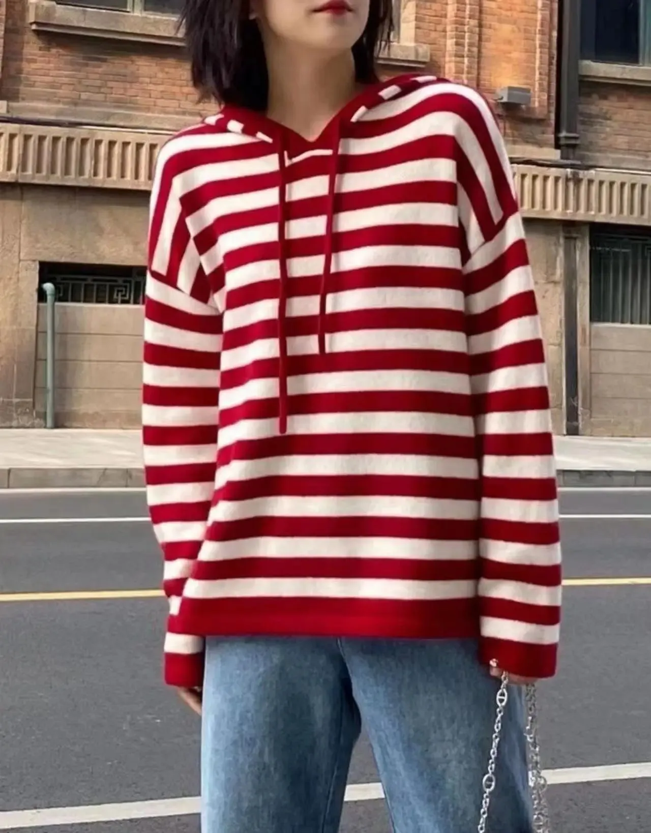 Hnzxzm 100% Pure Cashmere Striped Hoodie Women Fall Winter New Loose Hoodie Lazy Wind Sweater Coat