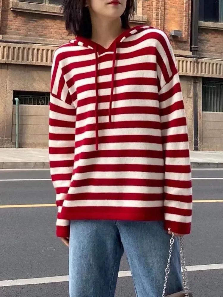 Hnzxzm 100% Pure Cashmere Striped Hoodie Women Fall Winter New Loose Hoodie Lazy Wind Sweater Coat