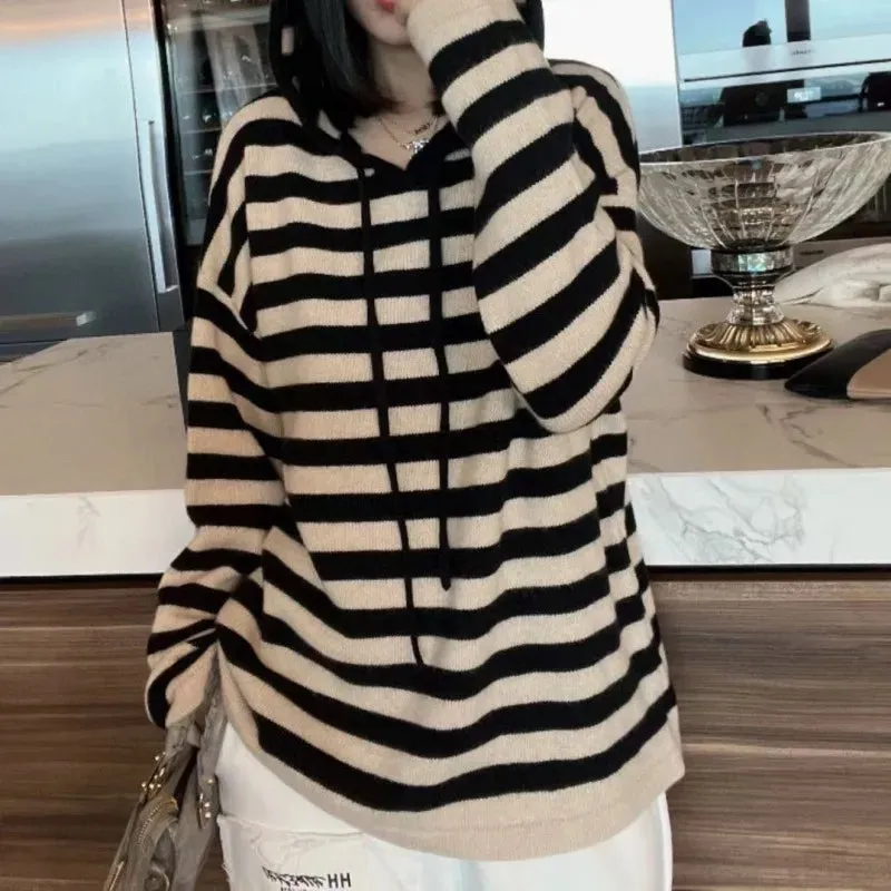 Hnzxzm 100% Pure Cashmere Striped Hoodie Women Fall Winter New Loose Hoodie Lazy Wind Sweater Coat