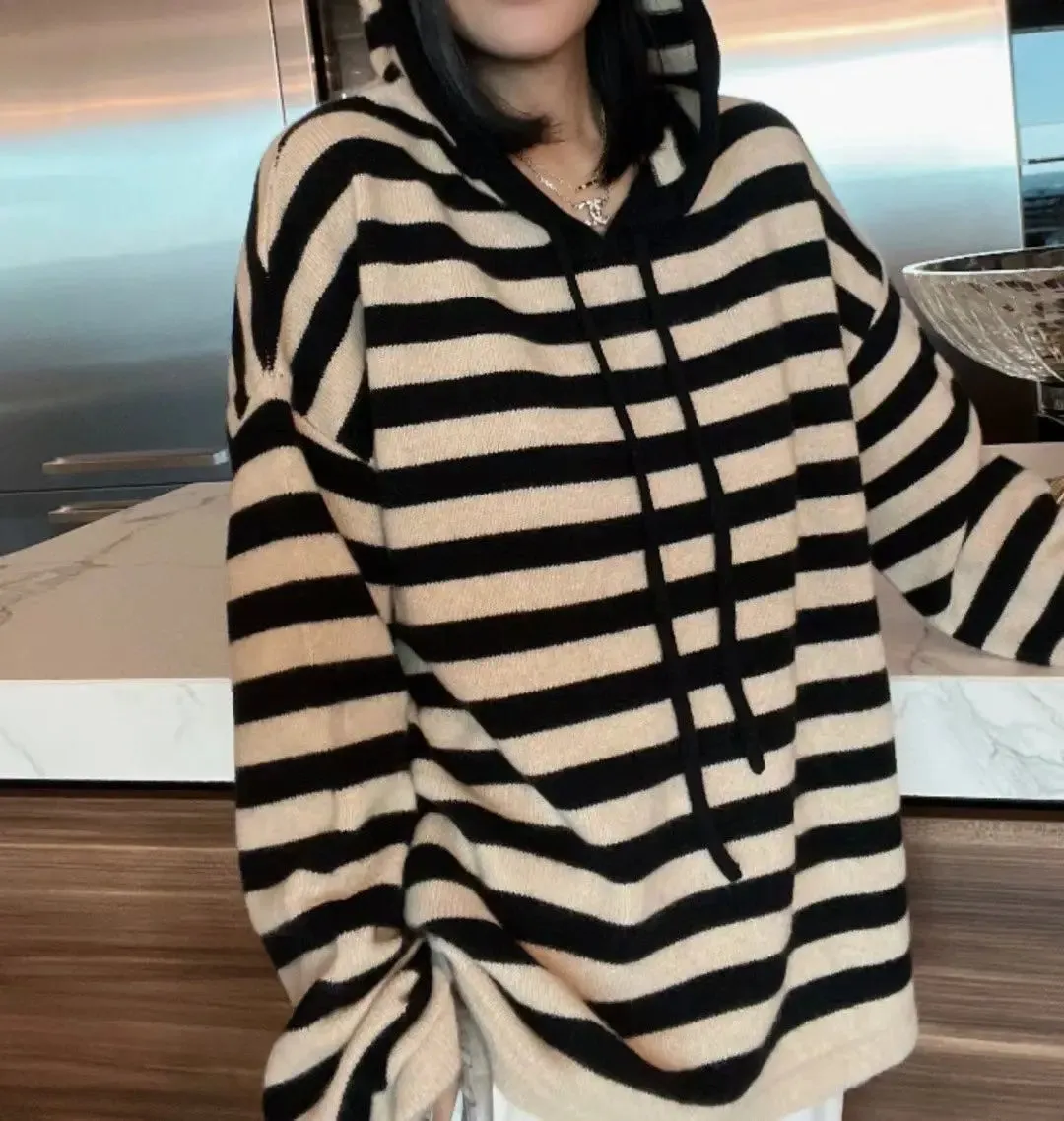 Hnzxzm 100% Pure Cashmere Striped Hoodie Women Fall Winter New Loose Hoodie Lazy Wind Sweater Coat