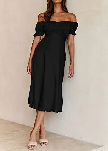 KIRUNDO 2023 Summer Women's Satin Midi Dresses Off Shoulder Wrap Ruched Wedding Guest Party Cocktail Formal Prom Dress(Black, X-Large)