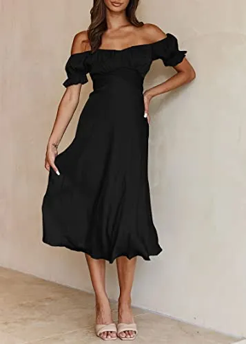 KIRUNDO 2023 Summer Women's Satin Midi Dresses Off Shoulder Wrap Ruched Wedding Guest Party Cocktail Formal Prom Dress(Black, X-Large)