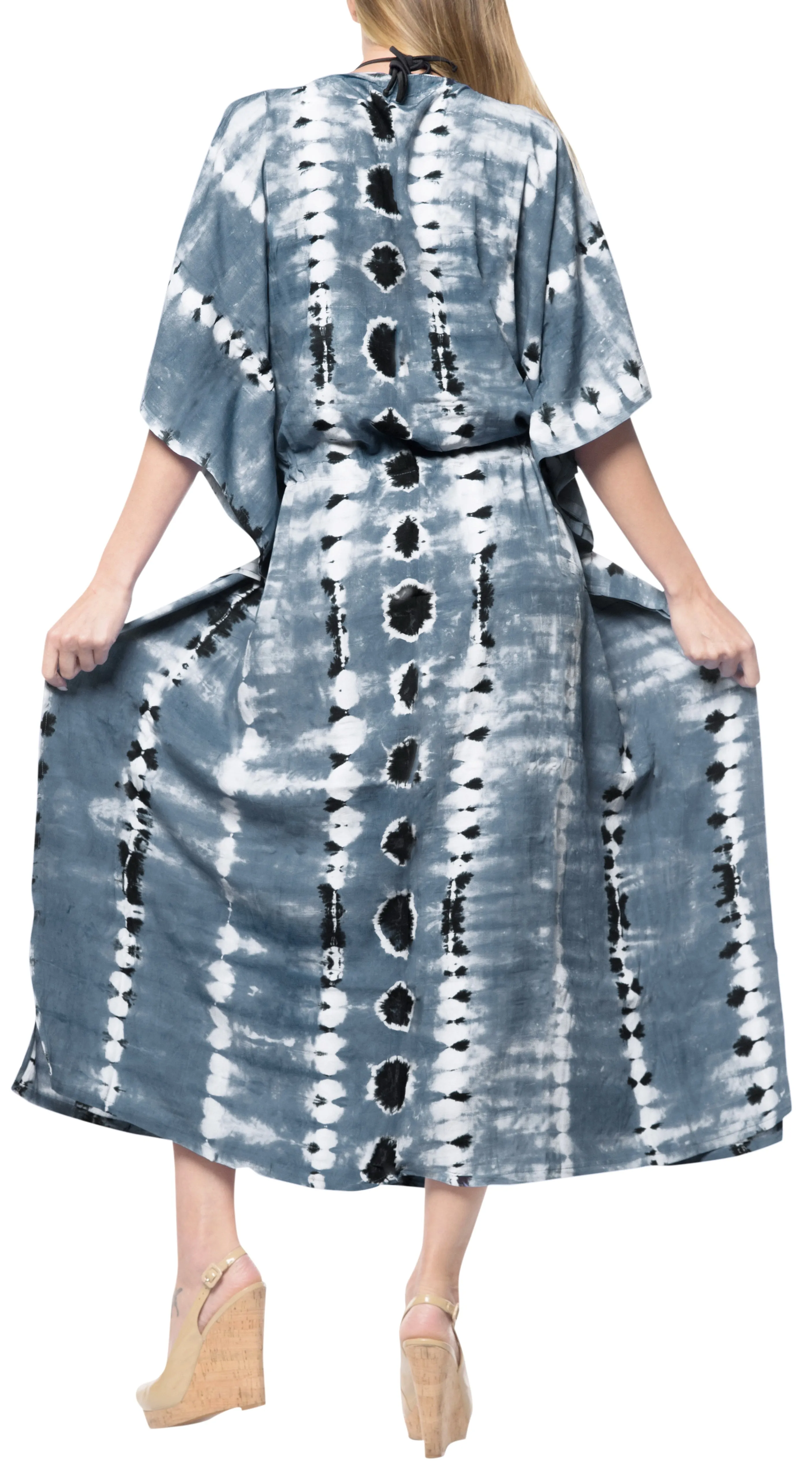 LA LEELA Rayon Tie_Dye Caftan Beach Dress Sleep Maxi Women Grey_1367 OSFM 14-32W