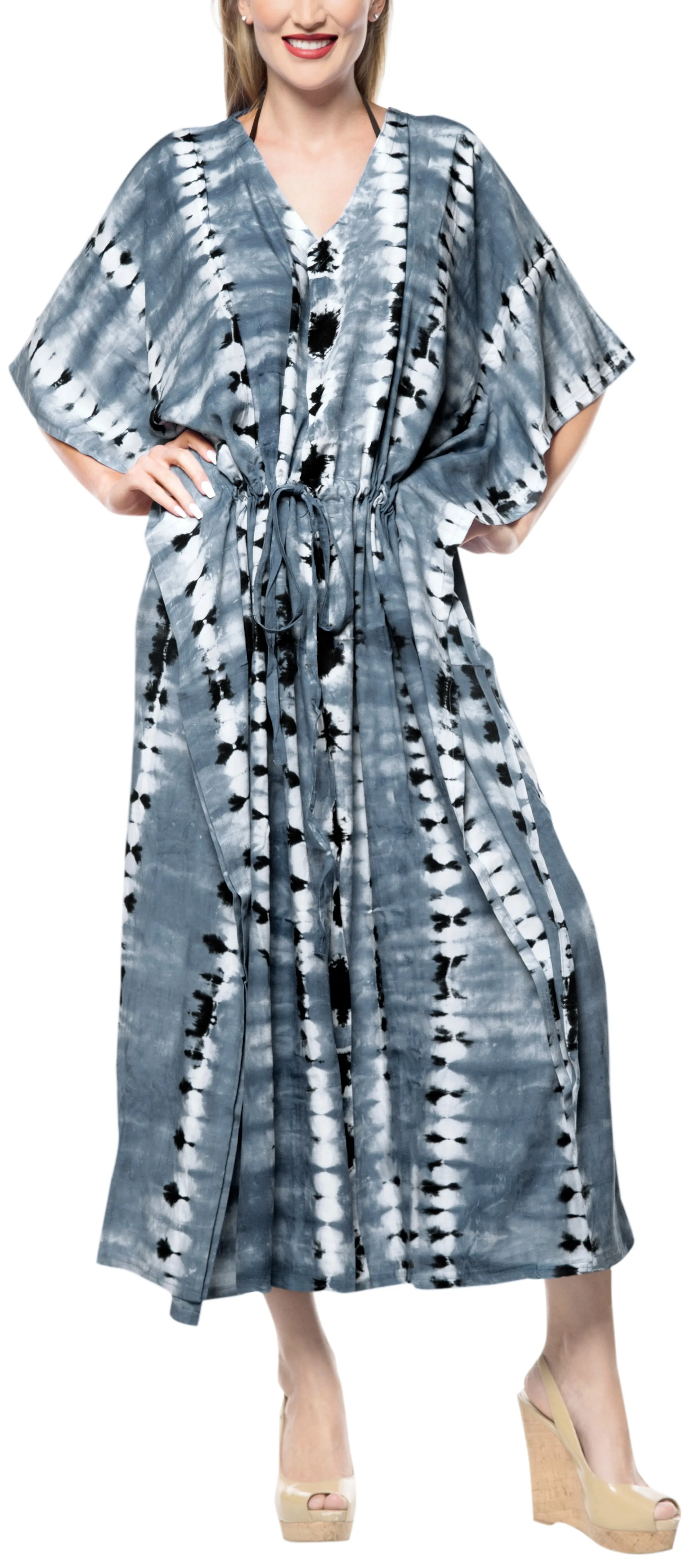 LA LEELA Rayon Tie_Dye Caftan Beach Dress Sleep Maxi Women Grey_1367 OSFM 14-32W