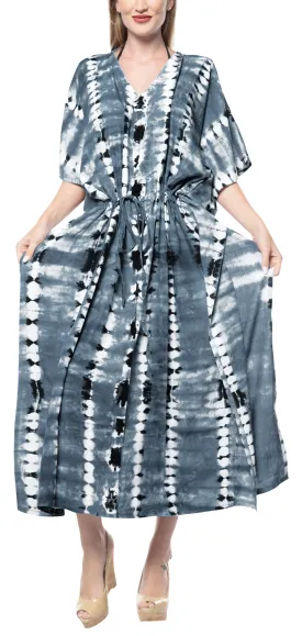 LA LEELA Rayon Tie_Dye Caftan Beach Dress Sleep Maxi Women Grey_1367 OSFM 14-32W