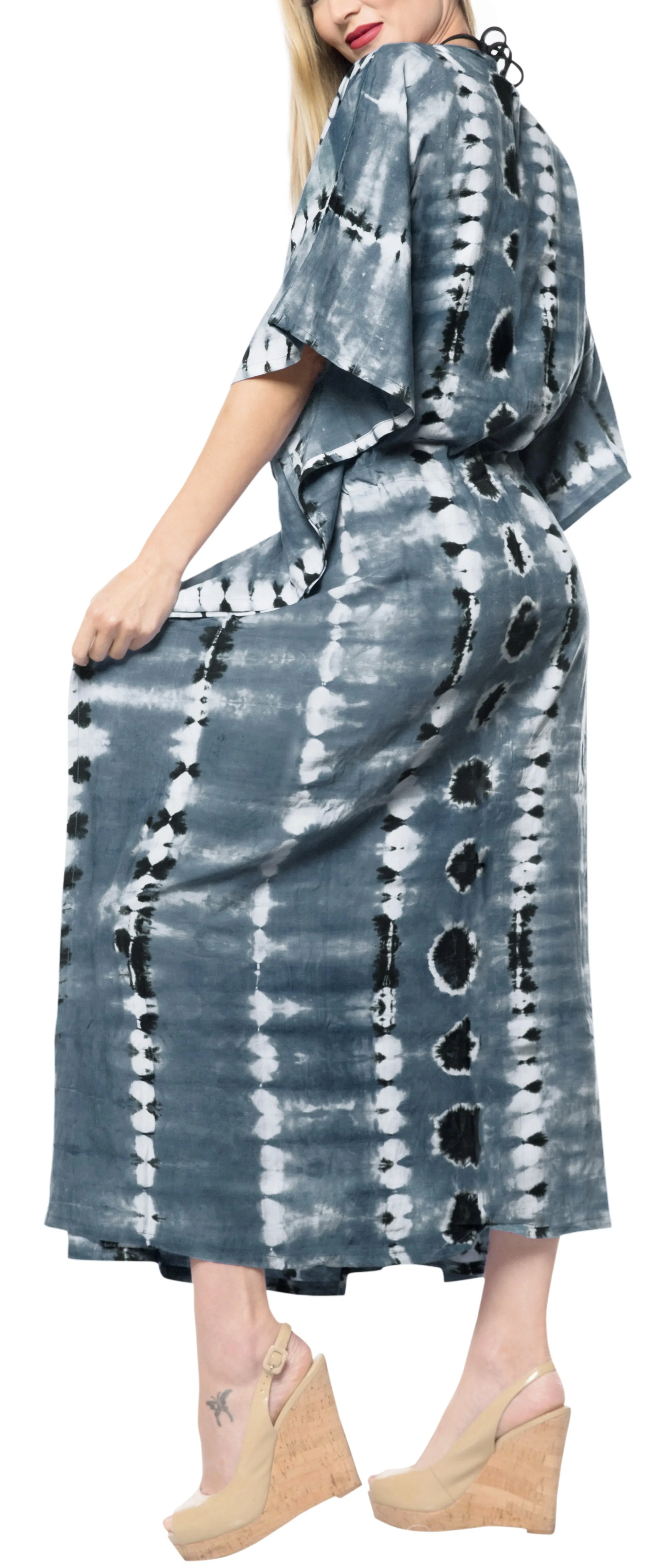 LA LEELA Rayon Tie_Dye Caftan Beach Dress Sleep Maxi Women Grey_1367 OSFM 14-32W