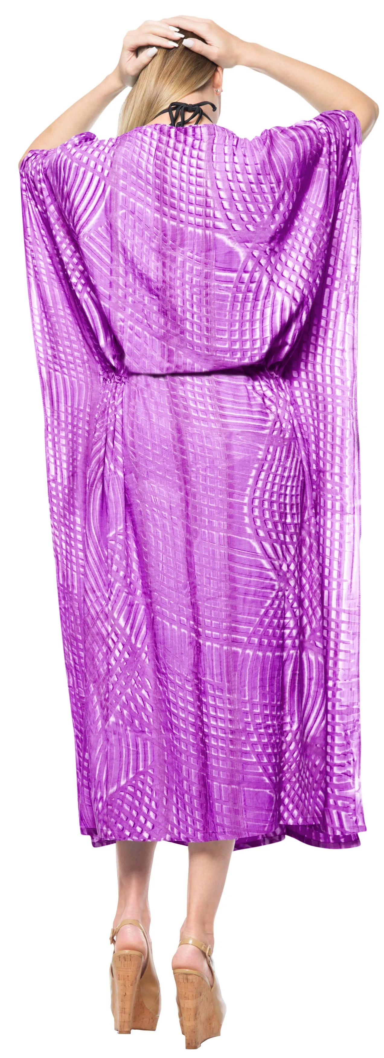 LA LEELA Rayon Tie_Dye Caftan Beach Dress Women Purple_1377 OSFM 14-32W