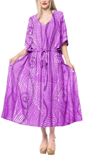 LA LEELA Rayon Tie_Dye Caftan Beach Dress Women Purple_1377 OSFM 14-32W