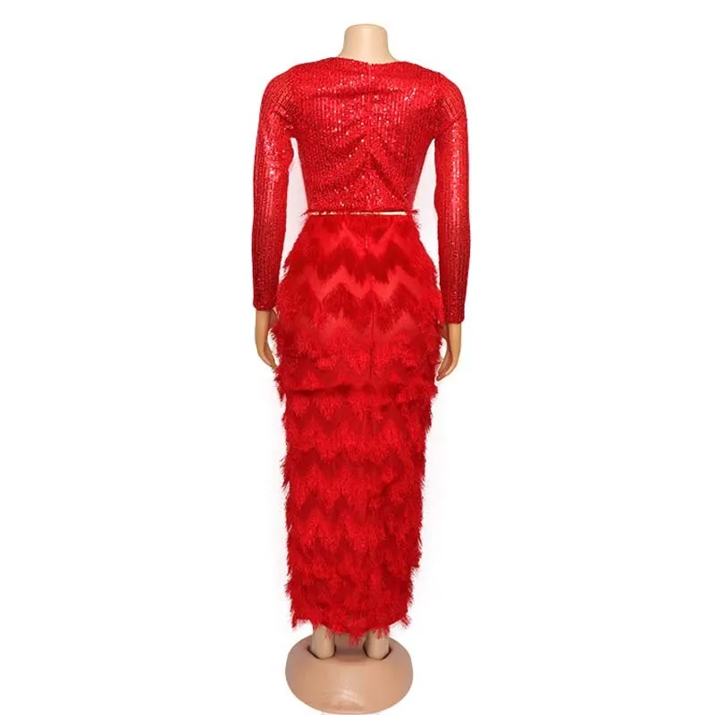 Lily Design Women Deep V-Neck Sequins Party Dress Long Sleeve Dress