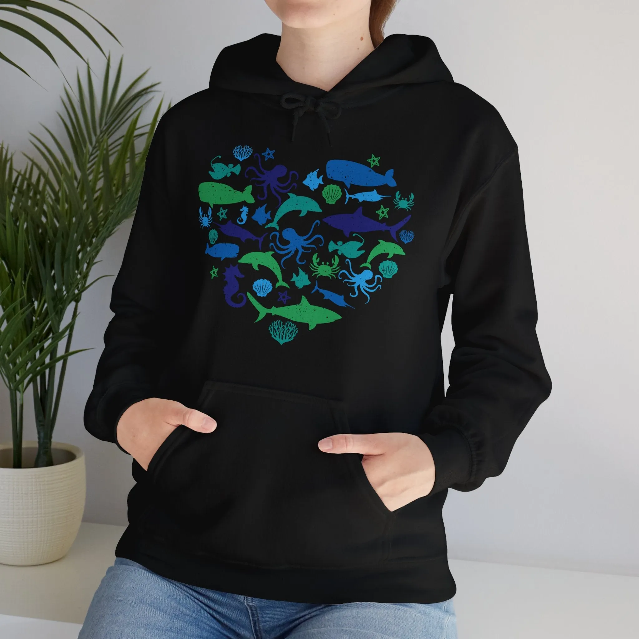 Marine Biology Hoodie, Ocean Sea Life Whale Shark Animals Biologist Heart Pullover Men Women Aesthetic Adult Hooded Sweatshirt