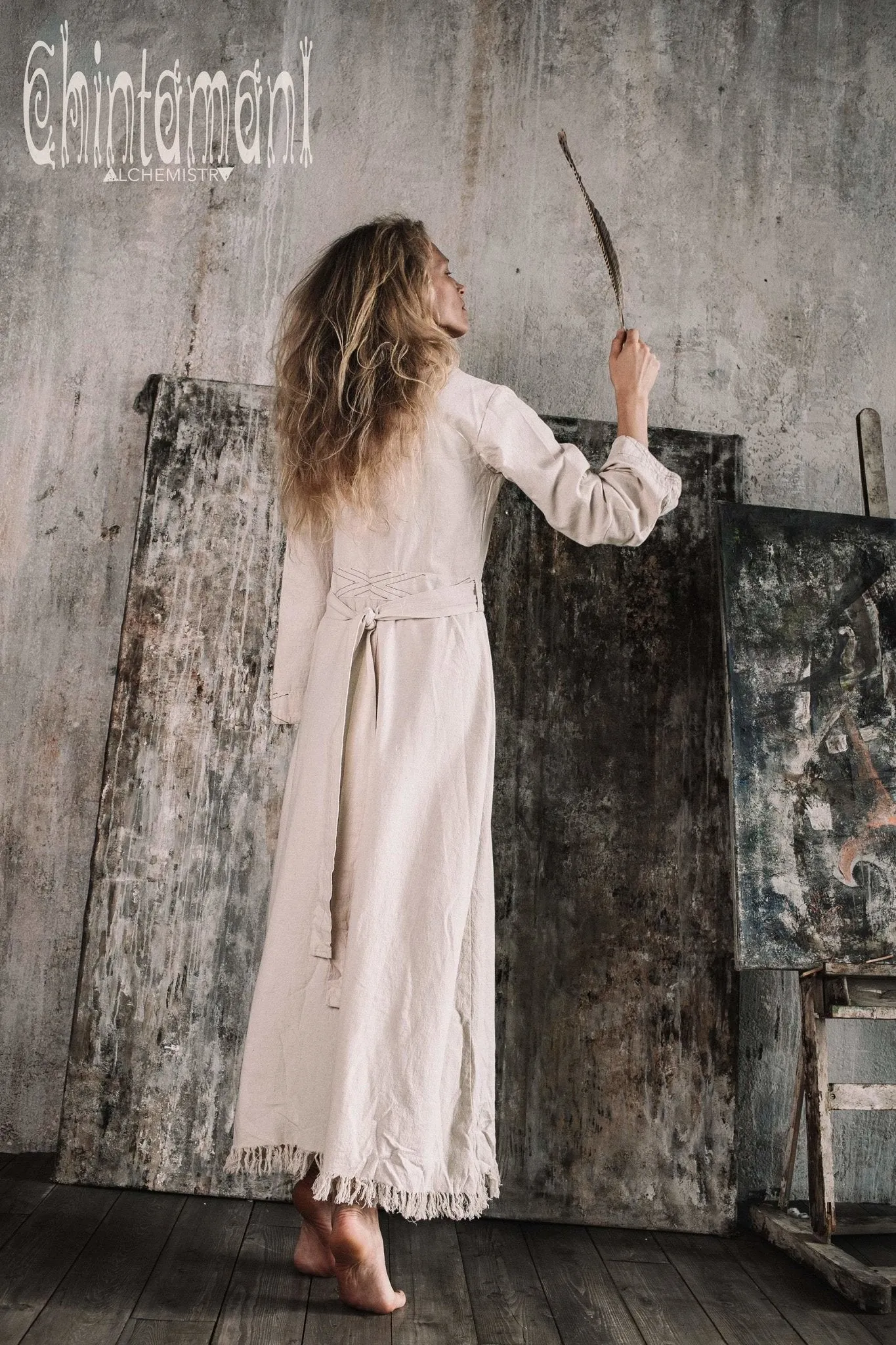 Maxi Kimono Wrap Dress with Fringes & Long Sleeves / Atua Tino / Off White