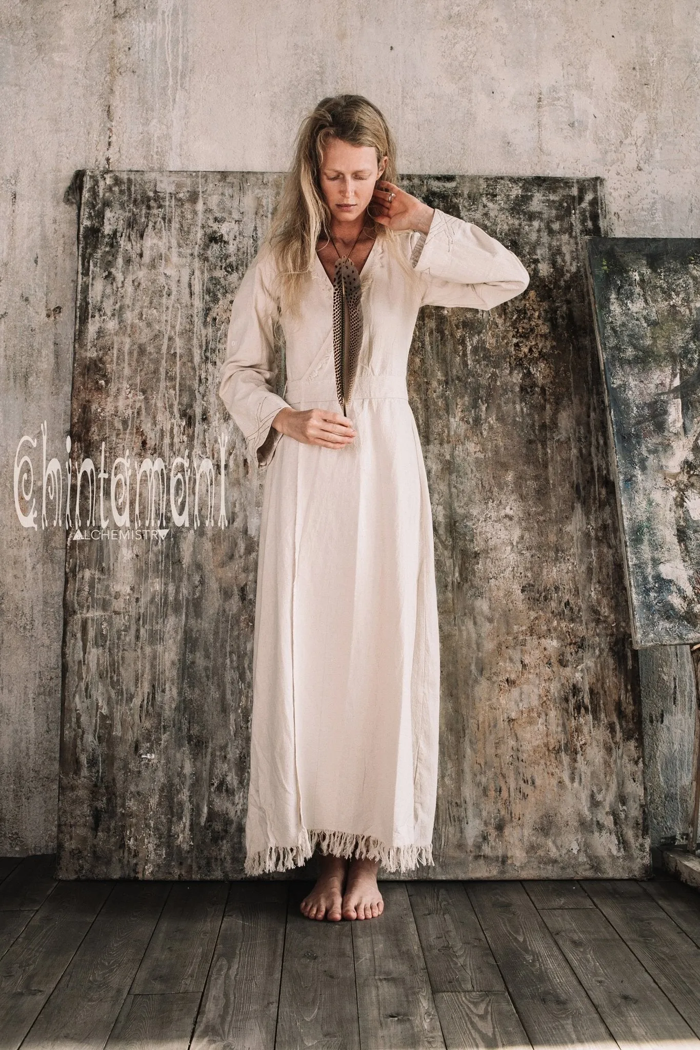 Maxi Kimono Wrap Dress with Fringes & Long Sleeves / Atua Tino / Off White