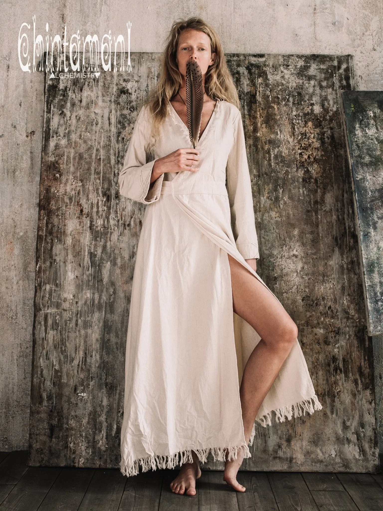 Maxi Kimono Wrap Dress with Fringes & Long Sleeves / Atua Tino / Off White